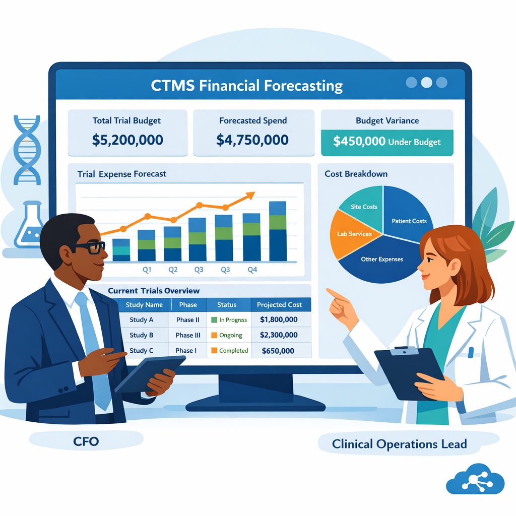 A biotech CFO and clinical operations lead in Cloudbyz brand colors reviewing a CTMS financial forecasting dashboard for clinical trials.