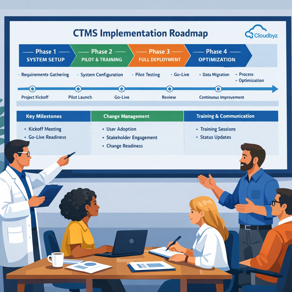Cross-functional team from a mid-size biotech sponsor in Cloudbyz brand colors planning a CTMS implementation roadmap on a large screen with phased milestones.