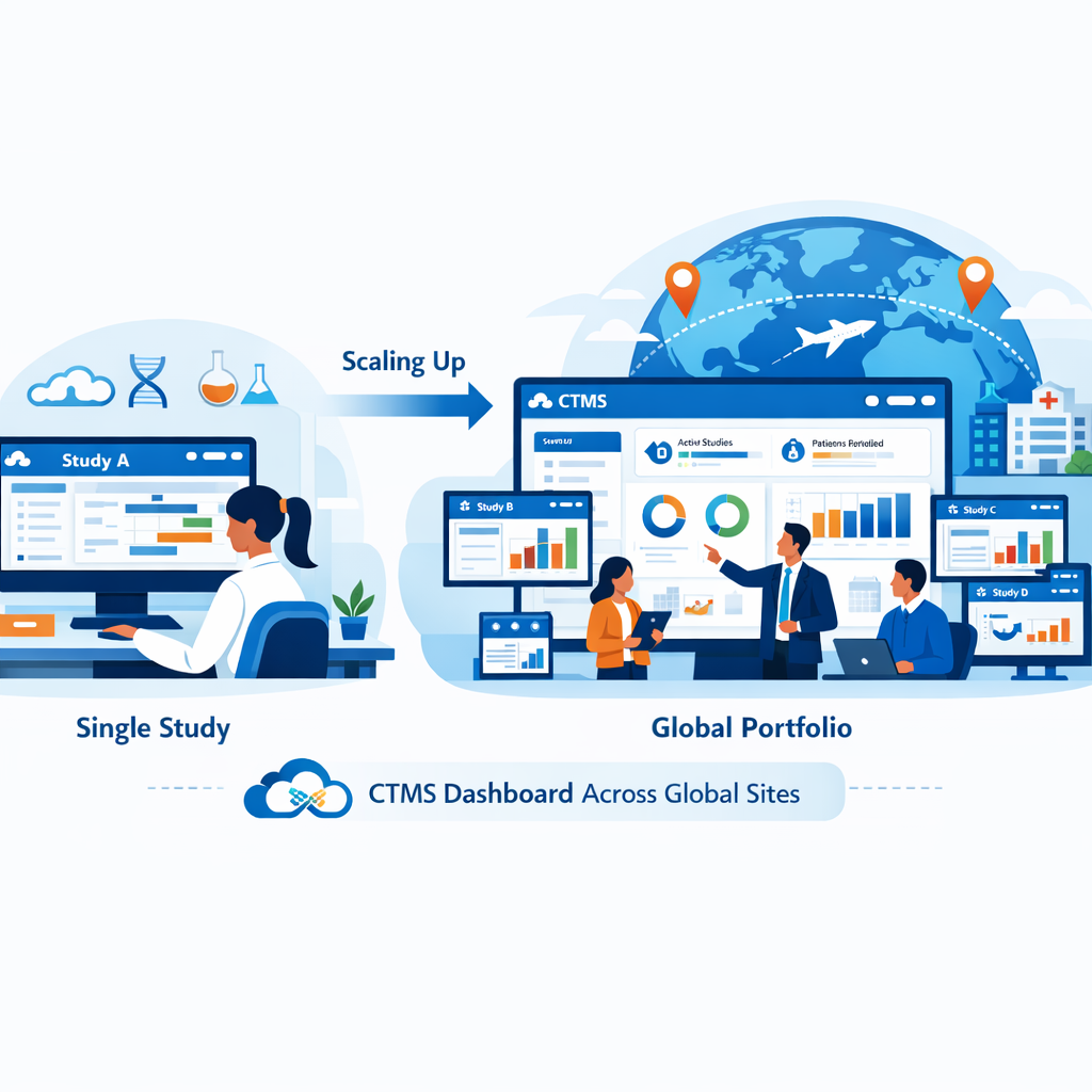 A growing biotech company in Cloudbyz brand colors scaling from a single study to a global portfolio using a CTMS dashboard across multiple screens and global study locations.