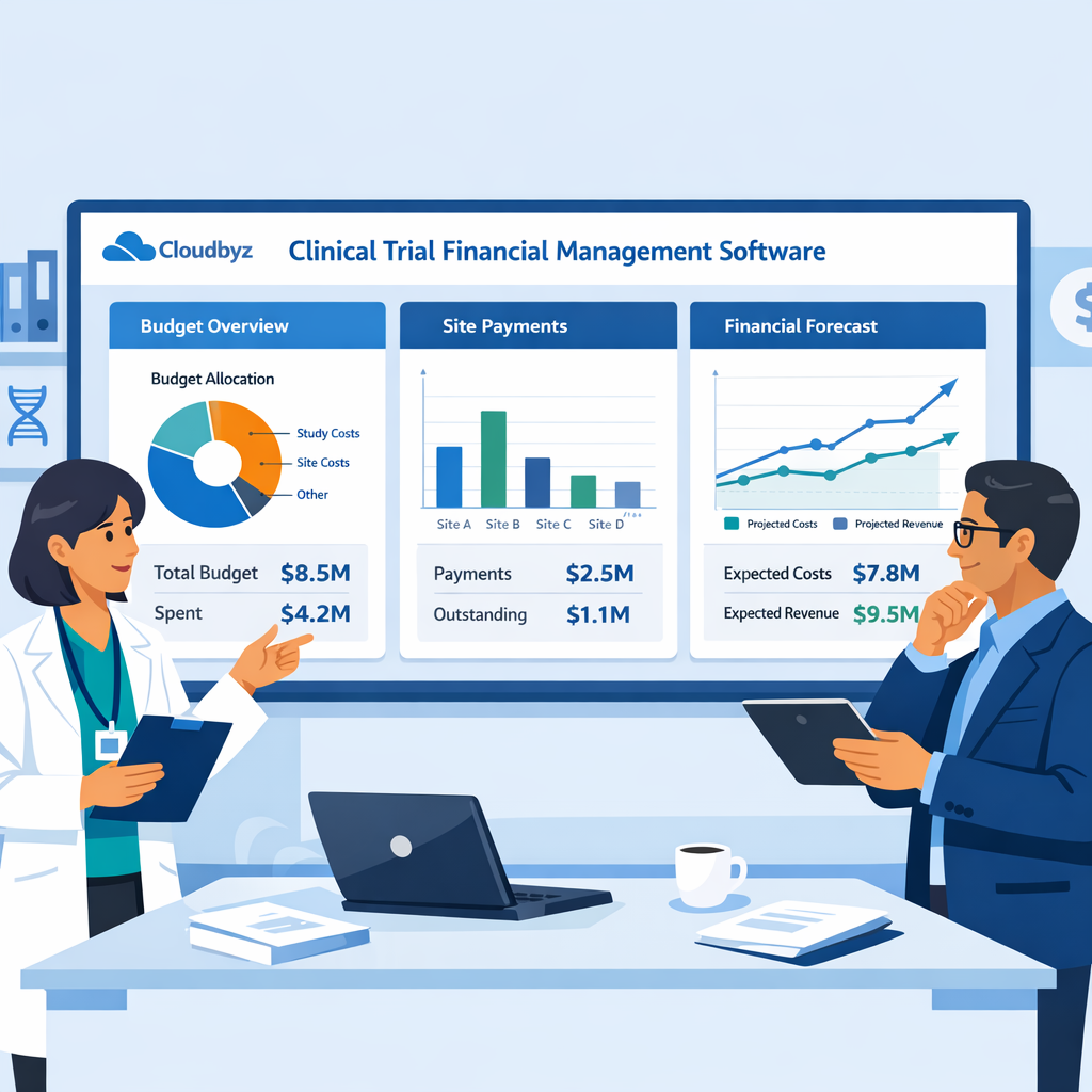 Clinical operations and finance leaders in Cloudbyz brand colors reviewing a dashboard labelled Clinical Trial Financial Management Software with charts for budgets, site payments, and forecasts.