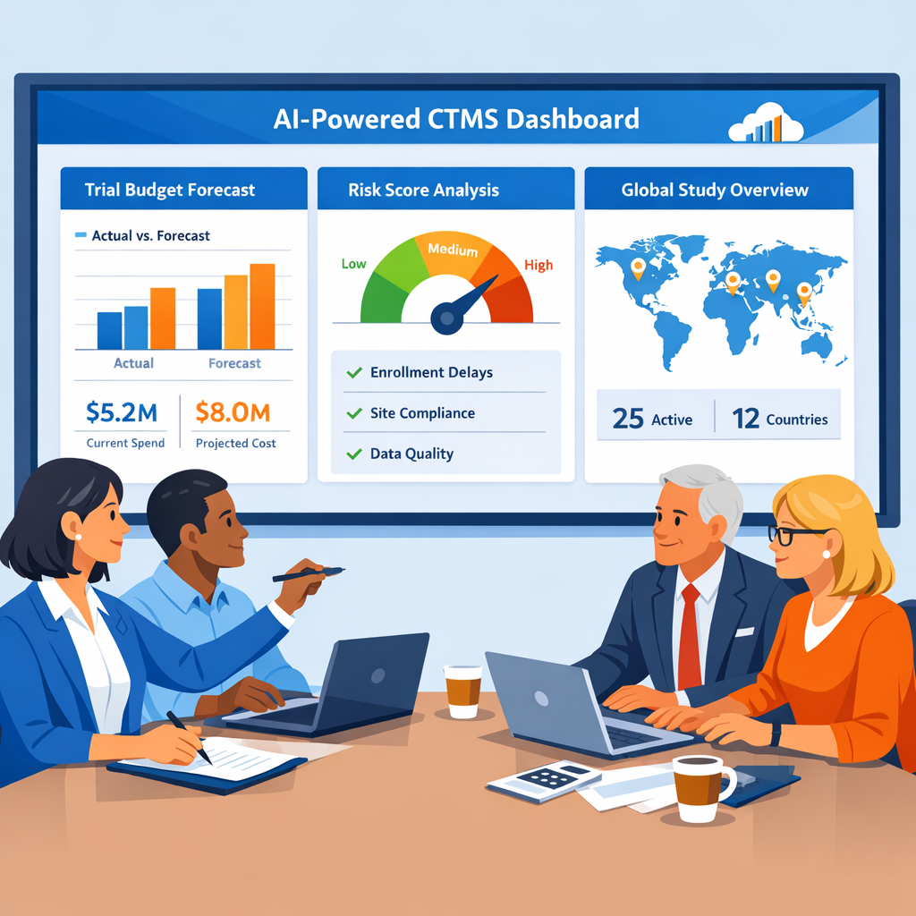 Clinical operations and finance leaders in Cloudbyz brand colors reviewing an AI-powered CTMS dashboard with trial budget forecasts, risk scores, and a global study map.