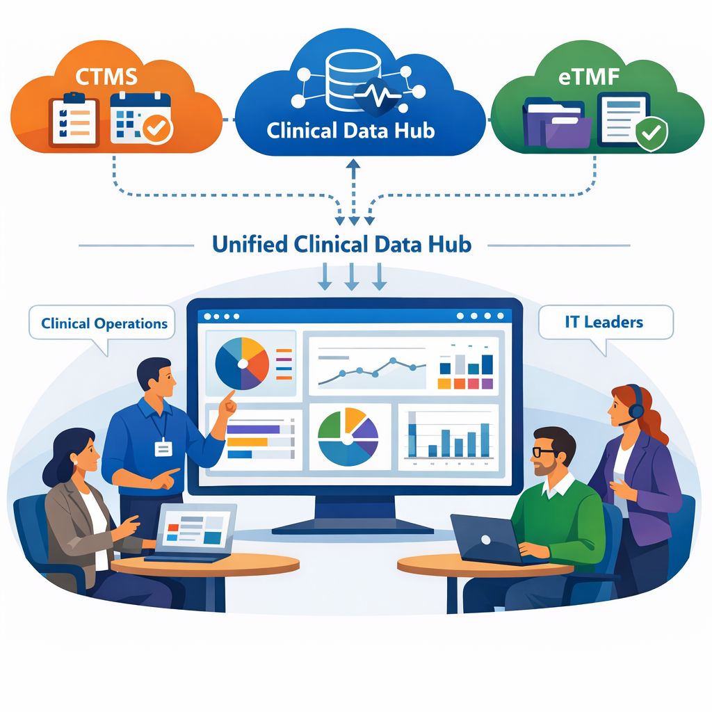Integrated CTMS, eTMF, and EDC systems in Cloudbyz brand colors connected in a unified clinical data hub, with clinical operations and IT leaders collaborating around linked dashboards.