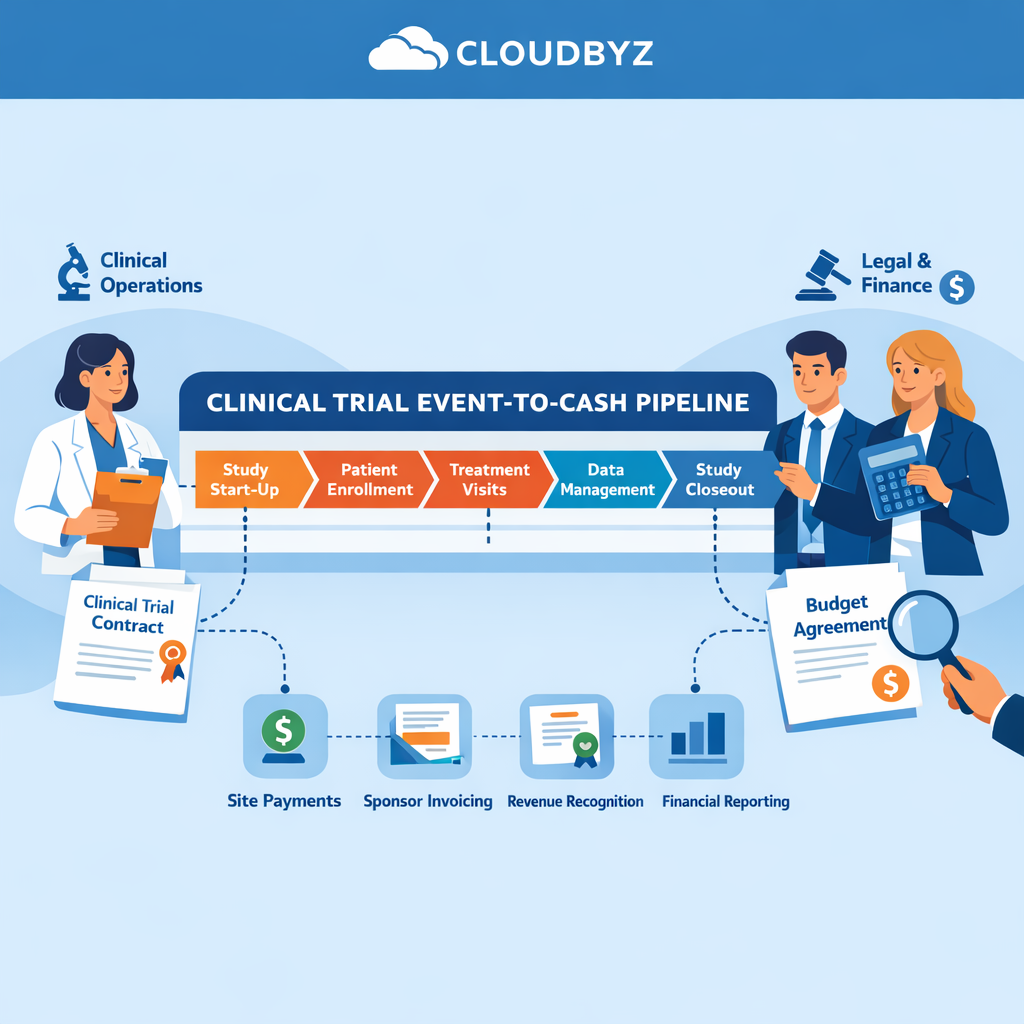Clinical operations and legal/finance leaders in Cloudbyz brand colors connecting contract documents to a CTMS event-to-cash pipeline diagram for a clinical trial.