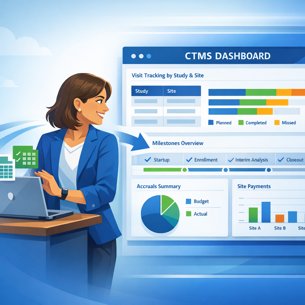 Clinical project manager in Cloudbyz colors closing a laptop full of spreadsheet icons while turning toward a CTMS dashboard with trial financial and operational charts.