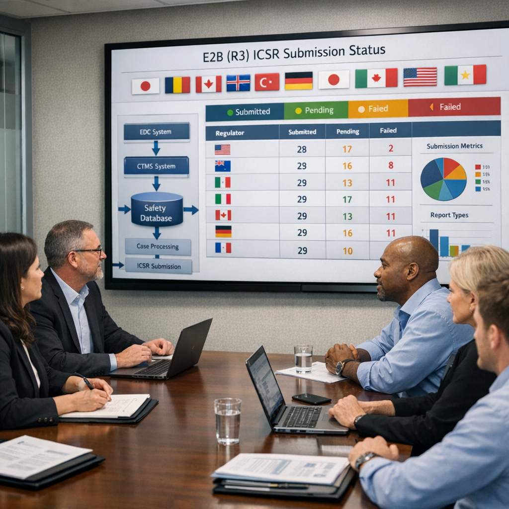 Regulatory Affairs and pharmacovigilance leaders in a secure meeting room viewing a dashboard that shows clean E2B(R3) ICSR submission status to multiple regulators, with structured case data flowing from EDC and CTMS into Safety, and no logos or readable text.