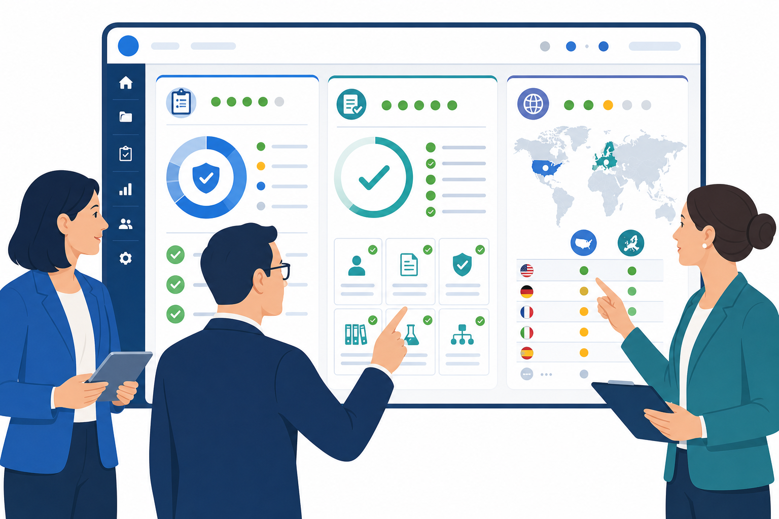 3:2 illustration of Regulatory Affairs and Clinical Operations leaders at a biotech sponsor reviewing a unified Salesforce-style dashboard showing eTMF inspection readiness indicators, ICH E6(R3) compliance status, and country-level TMF health across US and EU trials; charts and maps are visible but not readable, and no logos or brand names appear.