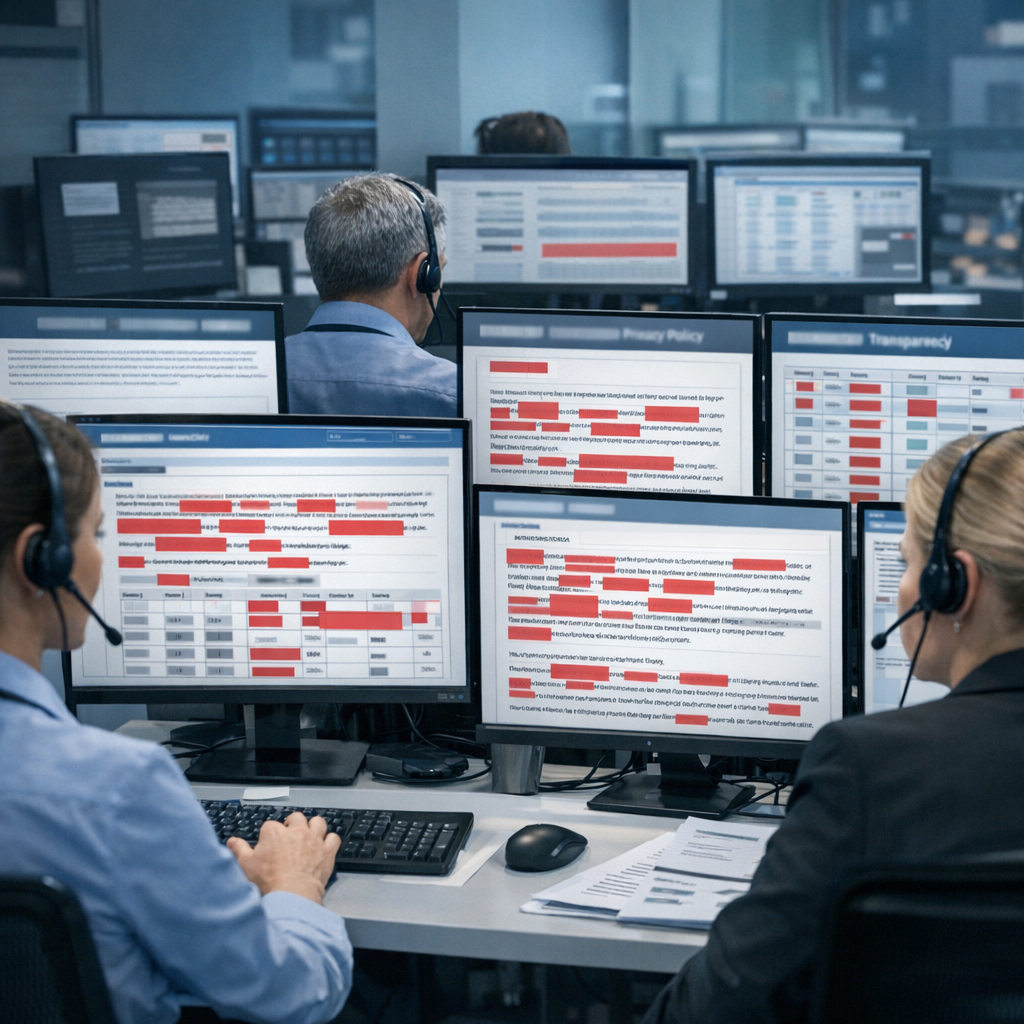 Drug Safety Officers and privacy specialists in a secure pharmacovigilance workspace reviewing safety narratives and listings on monitors where personal identifiers are visibly blurred, with subtle cues of automated PII redaction inside the safety system and no visible logos or readable text.