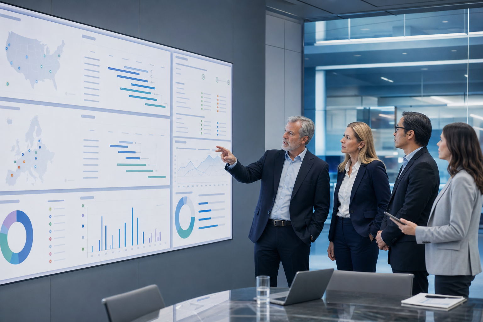 Senior clinical operations leaders reviewing a unified clinical trial dashboard with site activation timelines, budget signals, and document readiness across US and European sites, with no logos or readable text.