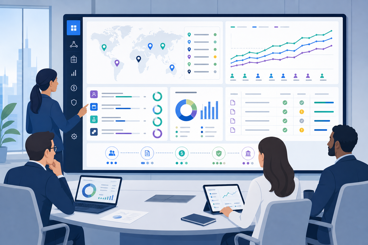 Clinical operations and trial finance leaders reviewing a unified platform with trial activities, site payments, accrual trends, invoice controls, and transparency indicators, with no logos or readable text.